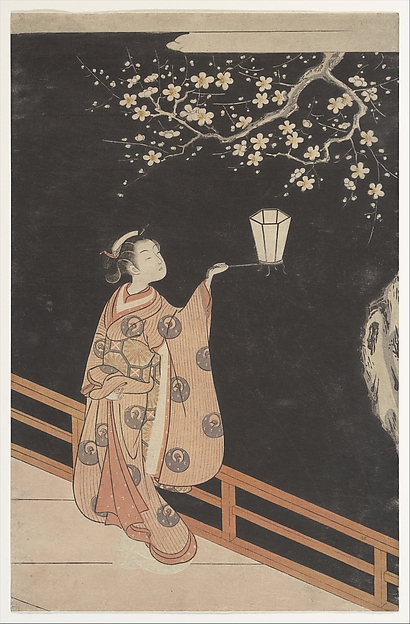 Suzuki Harunobu 鈴木春信, Woman Admiring Plum Blossoms at Night