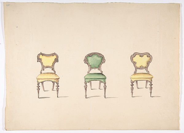 Anonymous, British, 19th century, Design for Three Chairs Upholstered in Green and Yellow