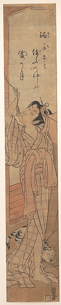 Isoda Koryūsai, Young Lady Toying with the Tassel of Her Bed–net while a Cat Plays at Her Feet