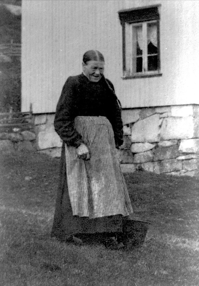 Gustav Borgen, Avfotografering. Avfotografert bilde av eldre kvinne på tynet foran huset.