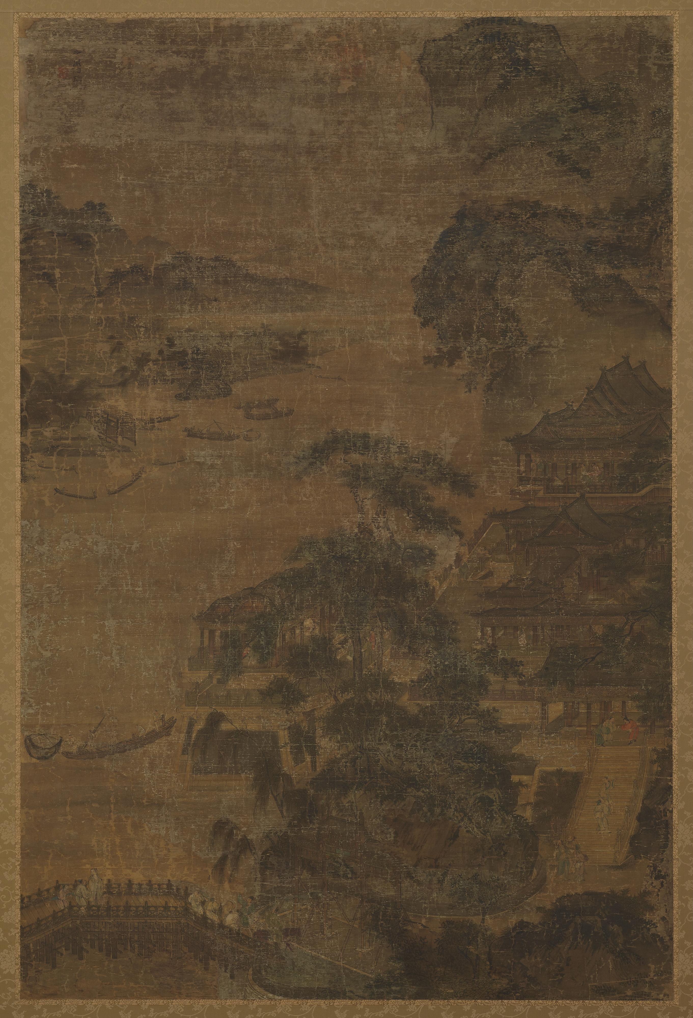 Formerly attributed to Zhao Boju, River landscape: mountains, pine-trees, and buildings