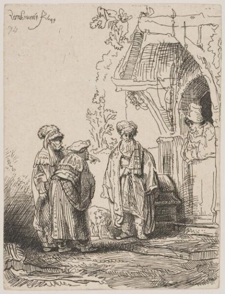 Rembrandt van Rijn, Three oriental figures (Jacob and Laban?)