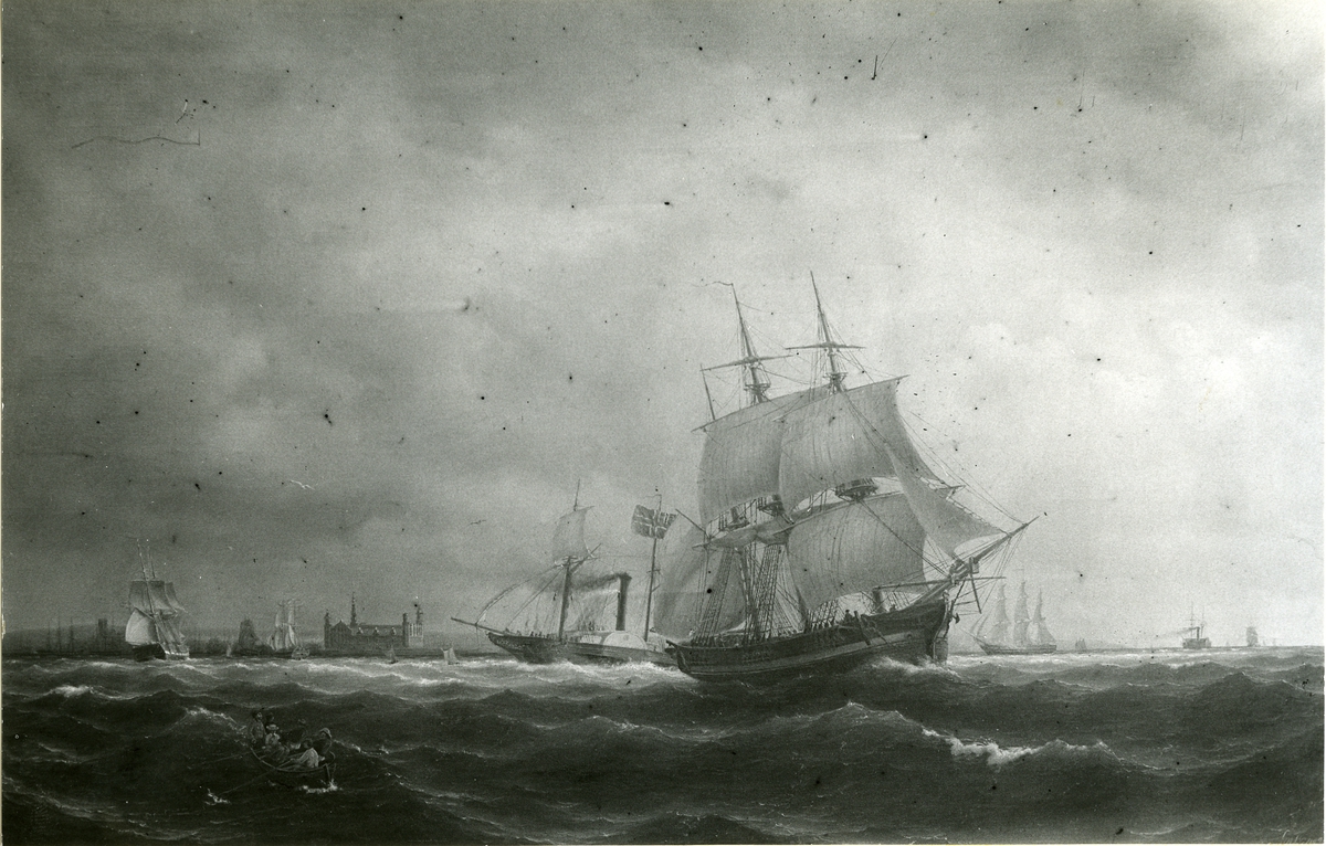 Okänd fotograf, Barkskepp i Öresund. Oljemålning 1850. Storlek 104,5 x 166 cm.