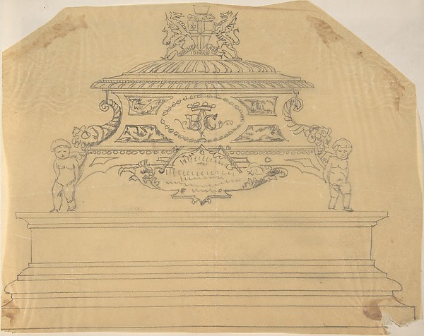 Anonymous, British, 19th century, Metal Casket Supported by Putti, inscribed with Crowned Initials B.C., and Topped with Dragons