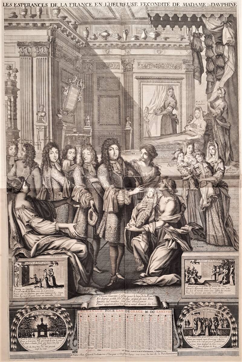 Anonym, Hoffnung und Glückseligkeit präsentieren den am 31. August 1686 in Versailles geborenen Prinzen Charles de Bourbon, Duc de Berry dem französischen König Ludwig XIV.
