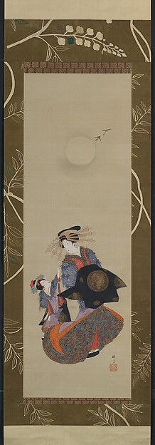 Teisai Hokuba, Beauty of the Yoshiwara with Apprentice in Moonlight