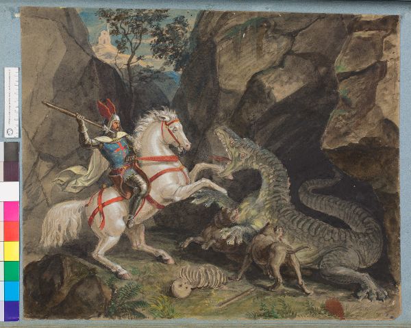 Unknown artist, Schillers "Der Kampf mit dem Drachen" (Vorlage zu einem lebenden Bild anläßlich des Schillerjubiläums 1859)