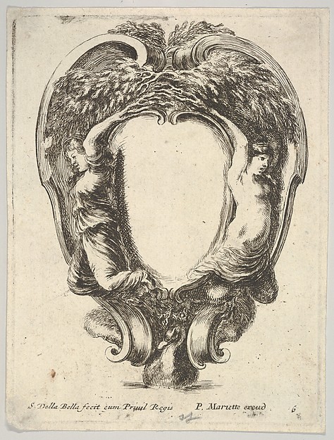 Stefano della Bella, A cartouche supported by a duck below and decorated with two nymphs whose arms become tree branches, plate 6 from "Nouvelles inventions de Cartouches"