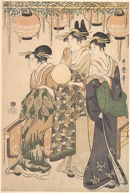 Kitagawa Utamaro, Courtesans Beneath a Wisteria Arbor (Fuji dana shita no yūjo tachi)