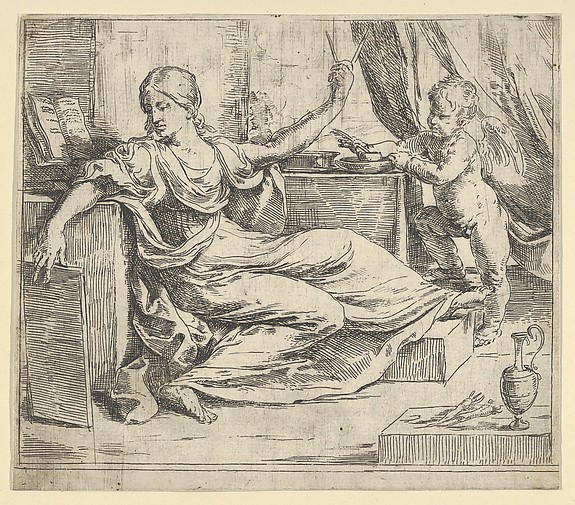Guido Reni, Seated woman holding a tablet and compass (allegory of learning), a winged putto at right