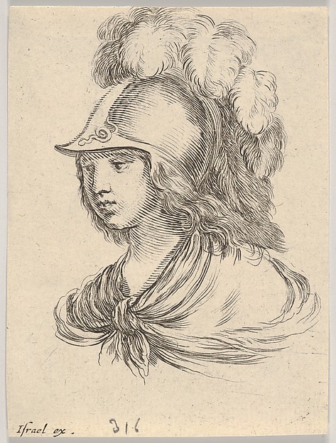 Stefano della Bella, Plate 9: Bust of Minerva, wearing a helmet with feathers, looking towards the left, from "Various heads and figures" (Diverses têtes et figures)
