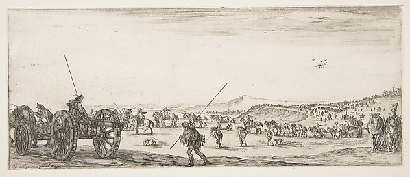 Stefano della Bella, A procession of horsemen and cannons in the middle ground walking to the left, a cannon and two men to left, from "Peace and War" (Divers desseins tant pour la paix que pour la guerre)
