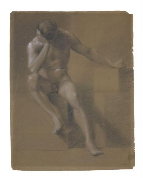Constable, John (RA), Study of a nude male figure, seated, with his left arm outstretched and resting his head on his right arm