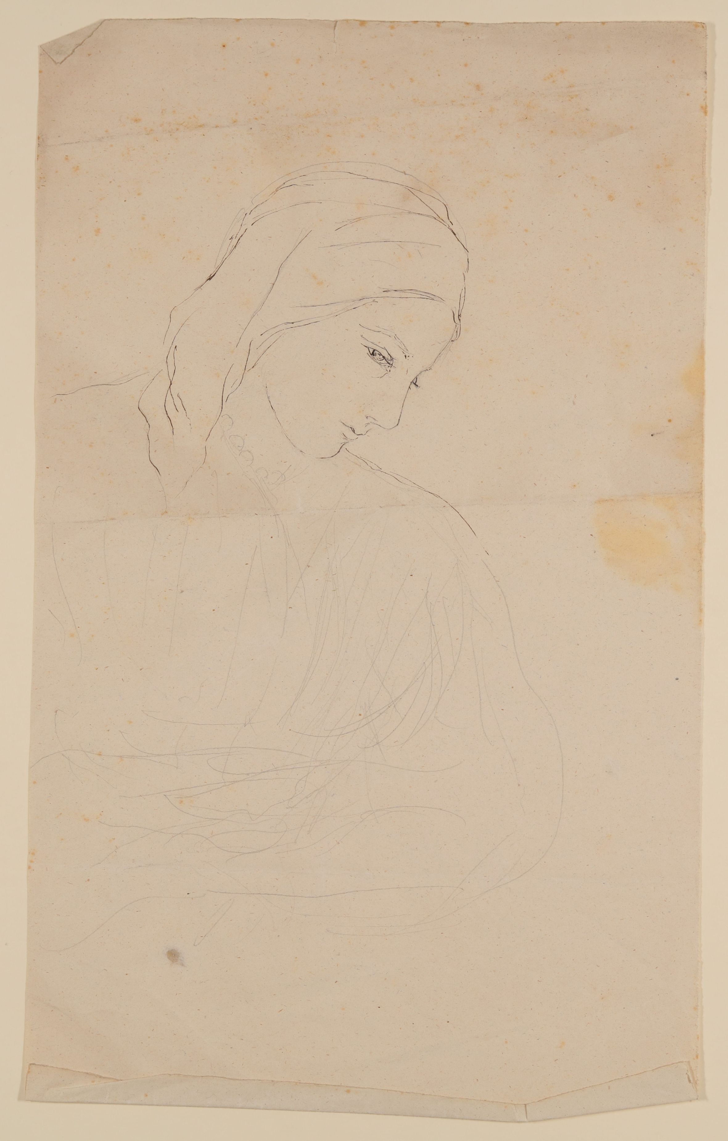Gisela von Arnim, Weibliche Halbfigur in Dreiviertelansichtl nach rechts [aus einer Mappe mit Skizzenblättern von Gisela von Arnim und Herman Grimm]