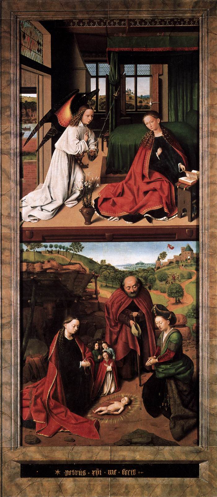 Petrus Christus, The adoration of the Christ Child; in the background the annunciation to the shepherds