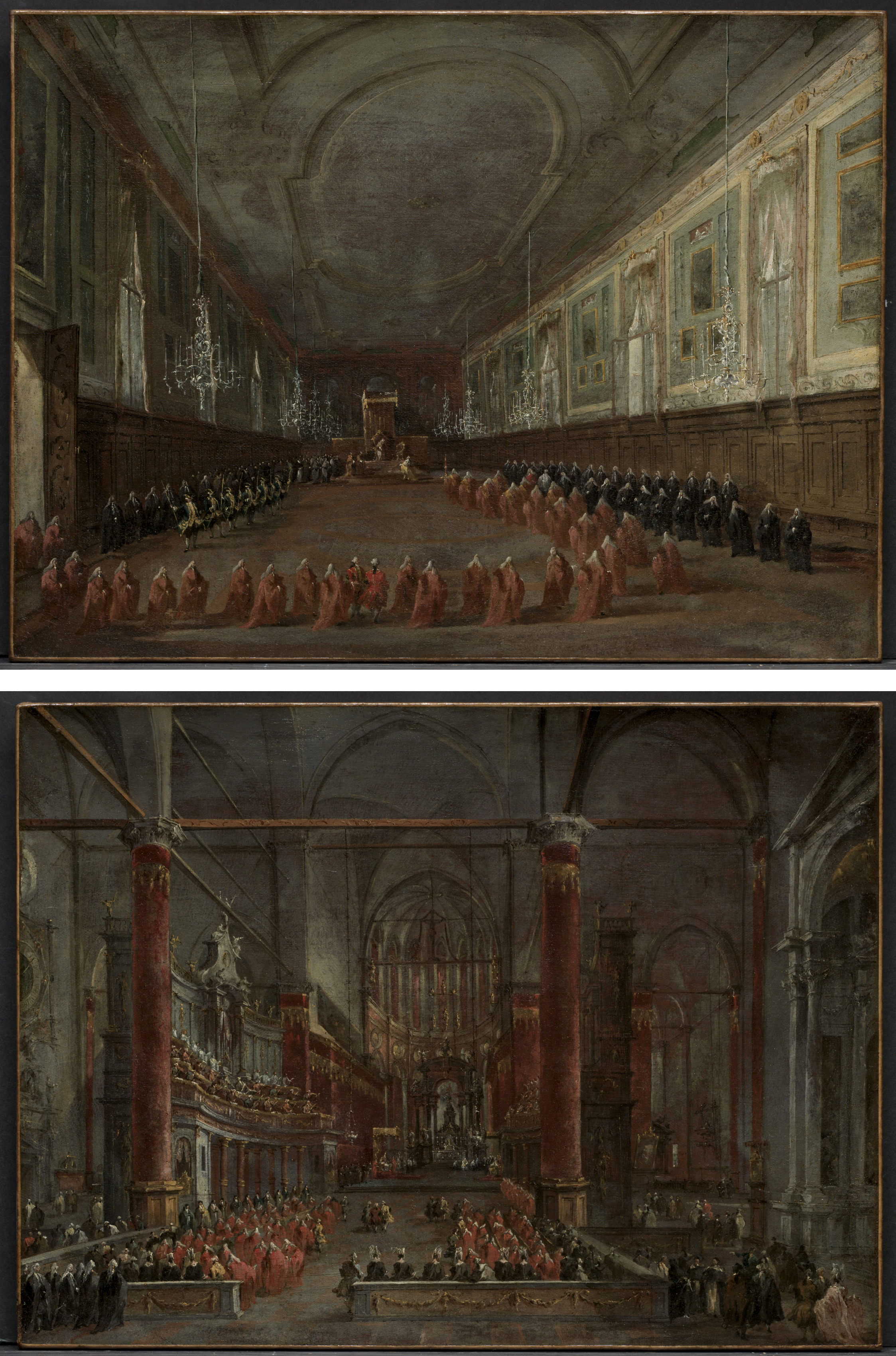 Francesco Guardi, Pope Pius VI Descending the Throne to Take Leave of the Doge in the Hall of SS. Giovanni e Paolo, 1782 and Pontifical Ceremony in SS. Giovanni e Paolo, Venice, 1782 (pair)