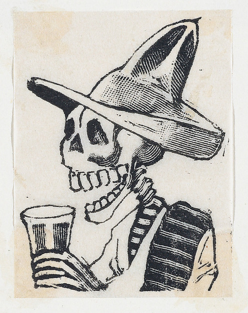 José Guadalupe Posada, A skeleton wearing a hat having a drink (vignette for the feast of the dead)