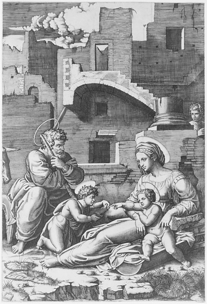 Marcantonio Raimondi, The 'Virgin with the long thigh' sitting with the Christ Child, St John the Baptist and St Joseph