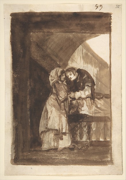 Goya (Francisco de Goya y Lucientes), A woman talking to a priest in a covered archway; folio 59 from the "Images of Spain" Album (F)
