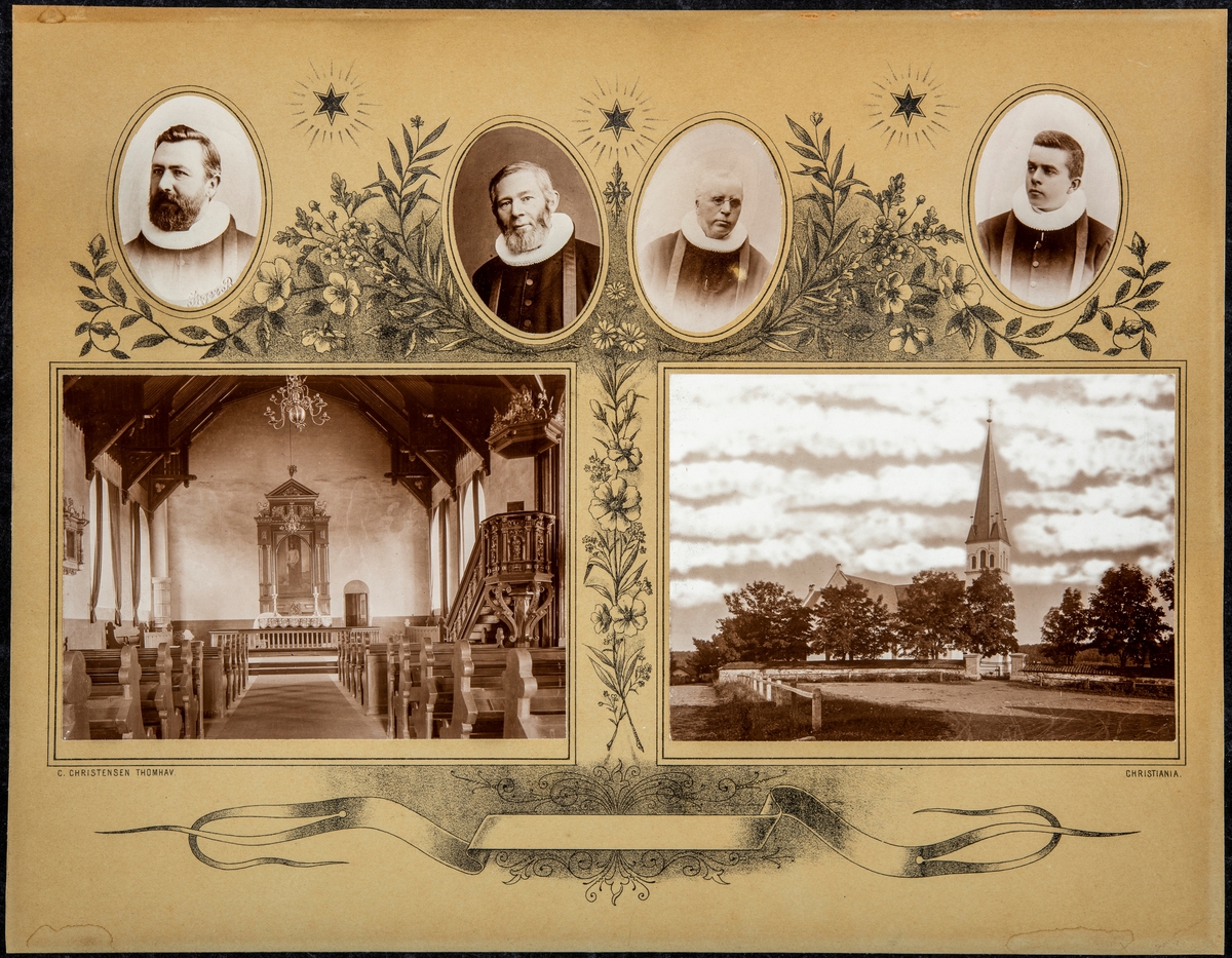Anno Domkirkeodden, Fotomontasje. Interiør og eksteriør fra Furnes kirke, Ringsaker. Portretter av fire prester. Fra venstre er Hans Emil Erichsen, David Christofer Frich, Sjønde Larsen Nordberg, Bjarne Knutsen.