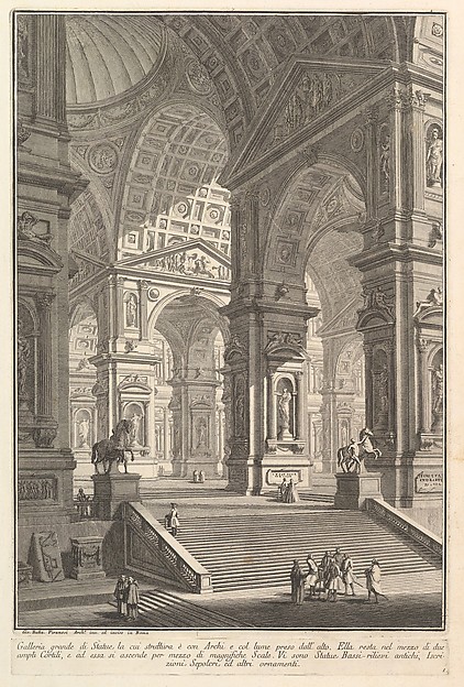 Giovanni Battista Piranesi, Large sculpture gallery built on arches and lit from above... (Galleria grande di Statue, la cui struttura è con Archi e col lume preso dall'alto...), from "Prima Parte di Architettura, e Prospettive"