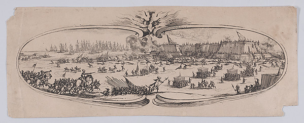Jacques Callot, Border at Lower Left: L'Assault Genéral des Anglais a la Citadelle (The Assault of the English General on the Citadel), from an etching on six plates of a central battle scene framed by ten additional plates, entitled Siège de la Citadelle de St-Martin dans l'Île de Ré (Siege of the Citadel of St. …