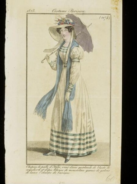 Unknown, Chapeau de paille d'Italie, orné d'une guirlande de bluets de coquelicots et d'épis. Blouse de mousseline garnie de galons de laine. Echarpe de barèges.
