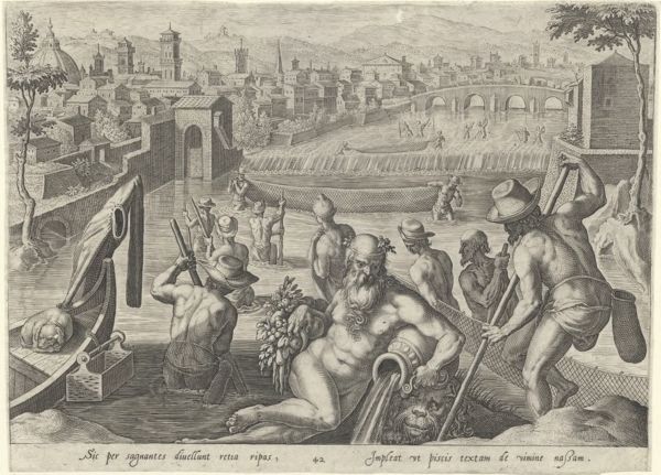 Galle, Philippe, (1537-1612), (printmaker), The hunting parties: Fishing with dragnets in the river Arno