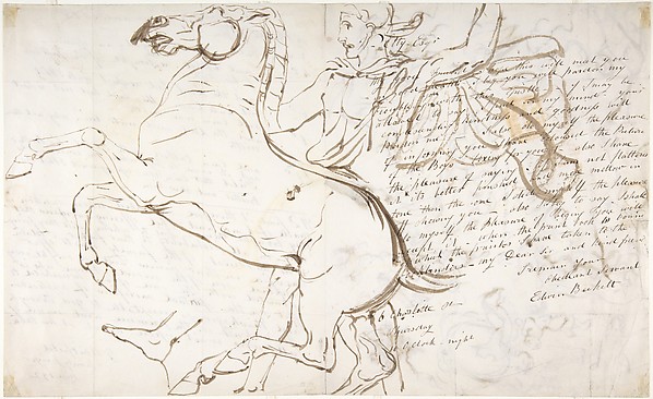William Etty, Rearing horse and trainer, drawn on a letter (recto); Studies of women and children (verso)