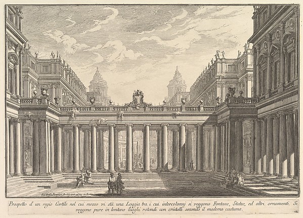 Giovanni Battista Piranesi, View of a courtyard with a loggia, fountains, statues, and other ornaments (Prospetto d'un regio Cortile nel cui mezzo vi stà una Loggia...), from "Prima Parte di Architettura, e Prospettive"