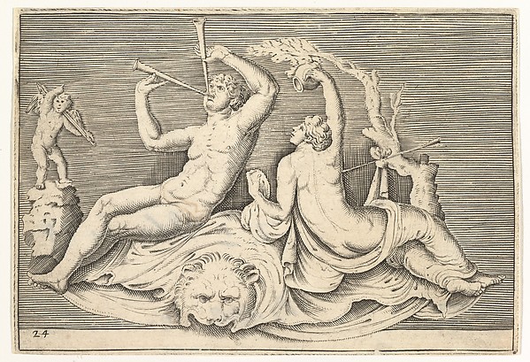 Anonymous, Italian, 16th century, Man Playing Two Flutes and Woman on Lionskin, from "Ex Antiquis Cameorum et Gemmae Delineata/ Liber Secundus/et ab Enea Vico Parmen Incis"