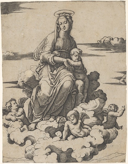 Marcantonio Raimondi, The Virgin and the Christ Child seated on clouds