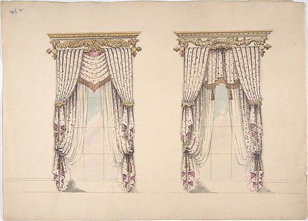 Anonymous, British, 19th century, Design for Pink and White Curtains with Gold Fringes, and Gold and White