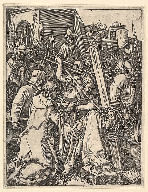 Marcantonio Raimondi, The Bearing of the Cross; Christ bearing the cross, supporting himself with one arm on the ground, from "The Passion of Christ", after Dürer