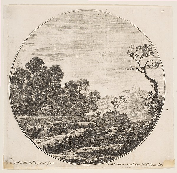 Stefano della Bella, Cows crossing a valley at left, a horseman and other cows in the background, plate 6 from "Roman landscapes and ruins" (Paysages et ruines de Rome)