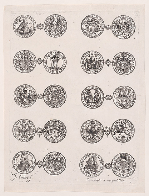 Jacques Callot, Plate 7, Featuring 10 Coins Issued by European Princes in the 16th and 17th centuries, from "Les Monnaies" (The Currencies)