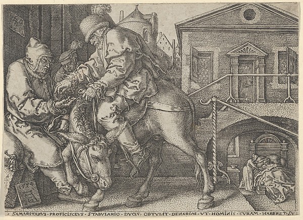 Heinrich Aldegrever, The Good Samaritan Paying the Innkeeper for the Care of the Wounded Man, from "The Parable of the Good Samaritan"