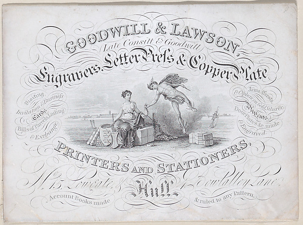 Anonymous, British, 19th century, Trade card for Goodwill & Lawson, engravers, printers and stationers