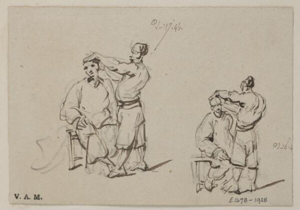 George Chinnery, Two drawings of a Chinese barber and customer