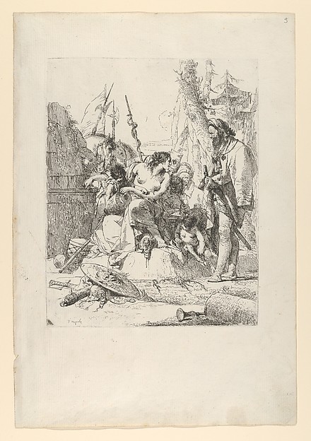 Giovanni Battista Tiepolo, Half-dressed Nymph with two children, surrounded by four men, from the Scherzi