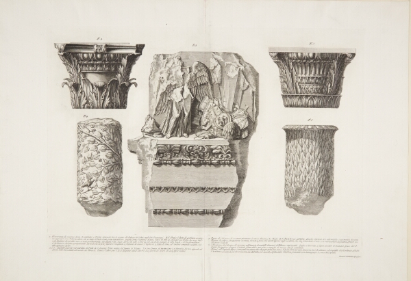Giovanni Battista Piranesi, Fragmenter af arkitrav, søjler og kapitæler i marmor, fra S. Bartolomeo all'Isola, Palazzo Capizucchi mm.