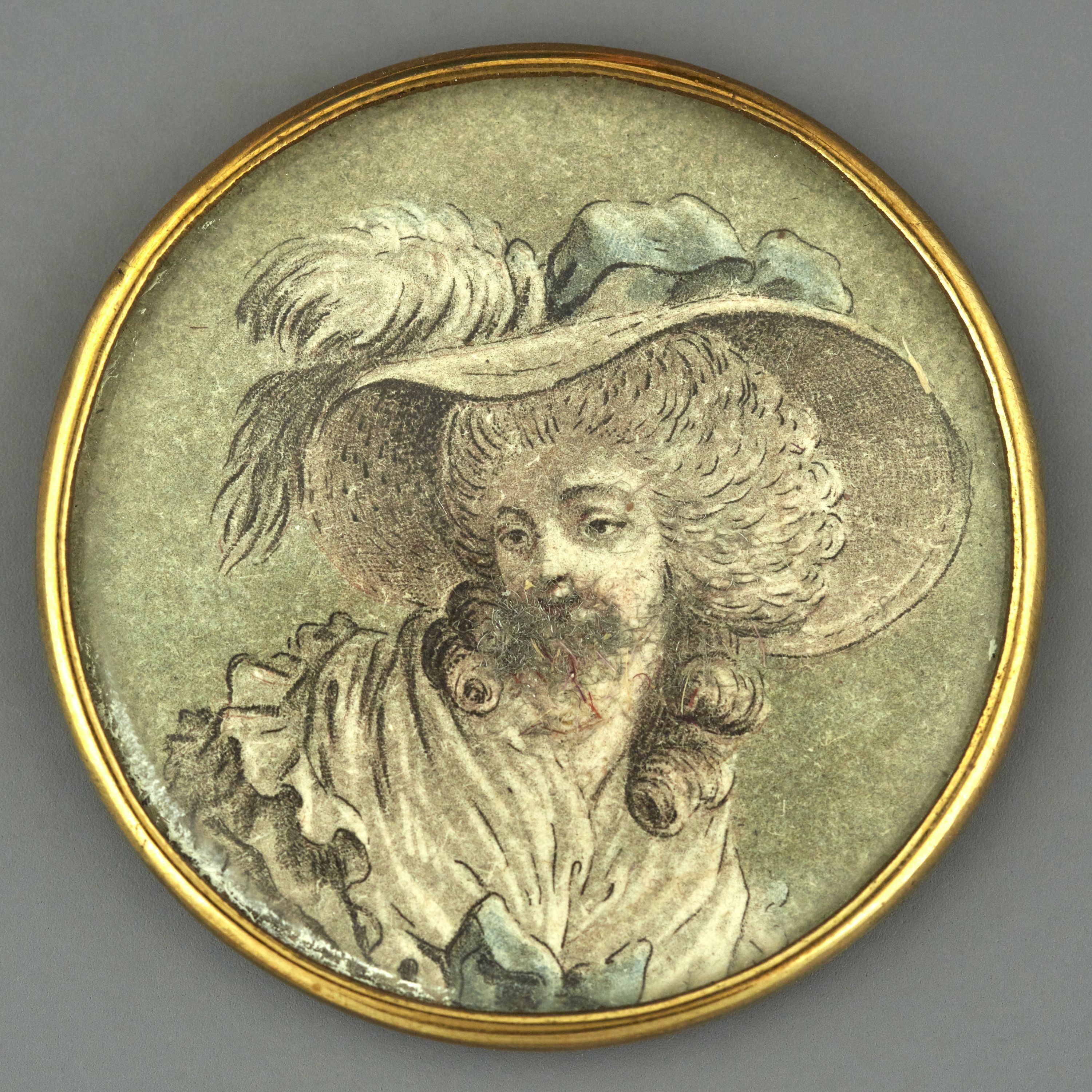 Anonyme, Bouton, dessin gravé par Janinet, aquatinte : portrait femme avec coiffure fin XVIIIe s.