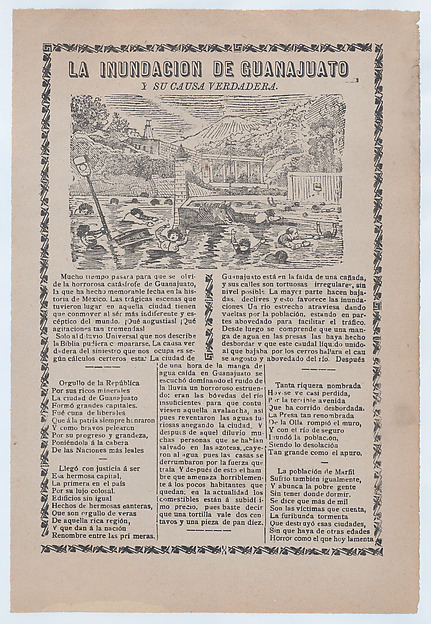 José Guadalupe Posada, Broadsheet relating to a news story about the cause of a flood in Guanajuato, townspeople drowning