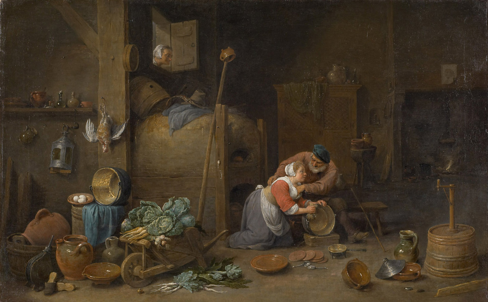David Teniers the Younger, Interior with old man groping a kitchen maid