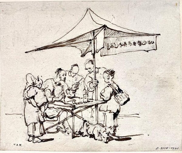 George Chinnery, A group of Chinese figures around a letter-writer's table