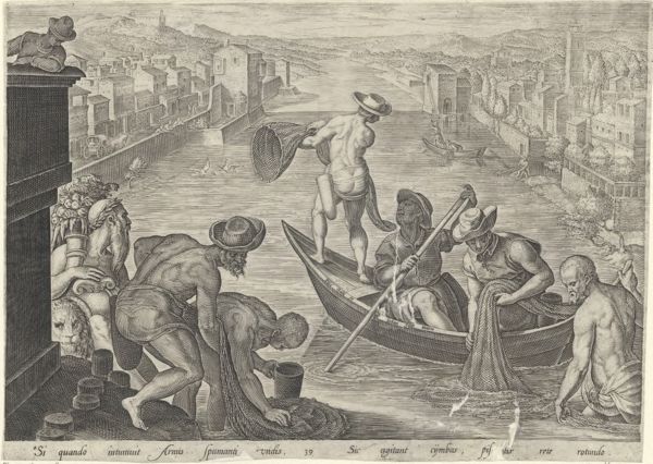Galle, Philippe, (1537-1612), (printmaker), The hunting parties: Fishing from a boat with a net in the river Arno