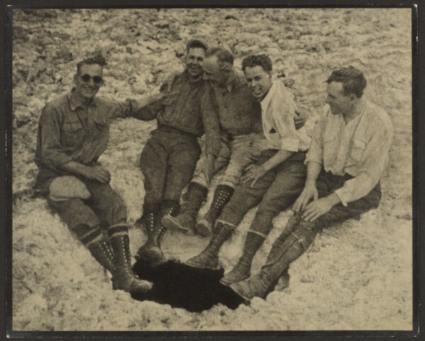 Louis Fleckenstein, [Group Portrait Seated at Mouth of Vertical Cave, San Jacinto Peak]