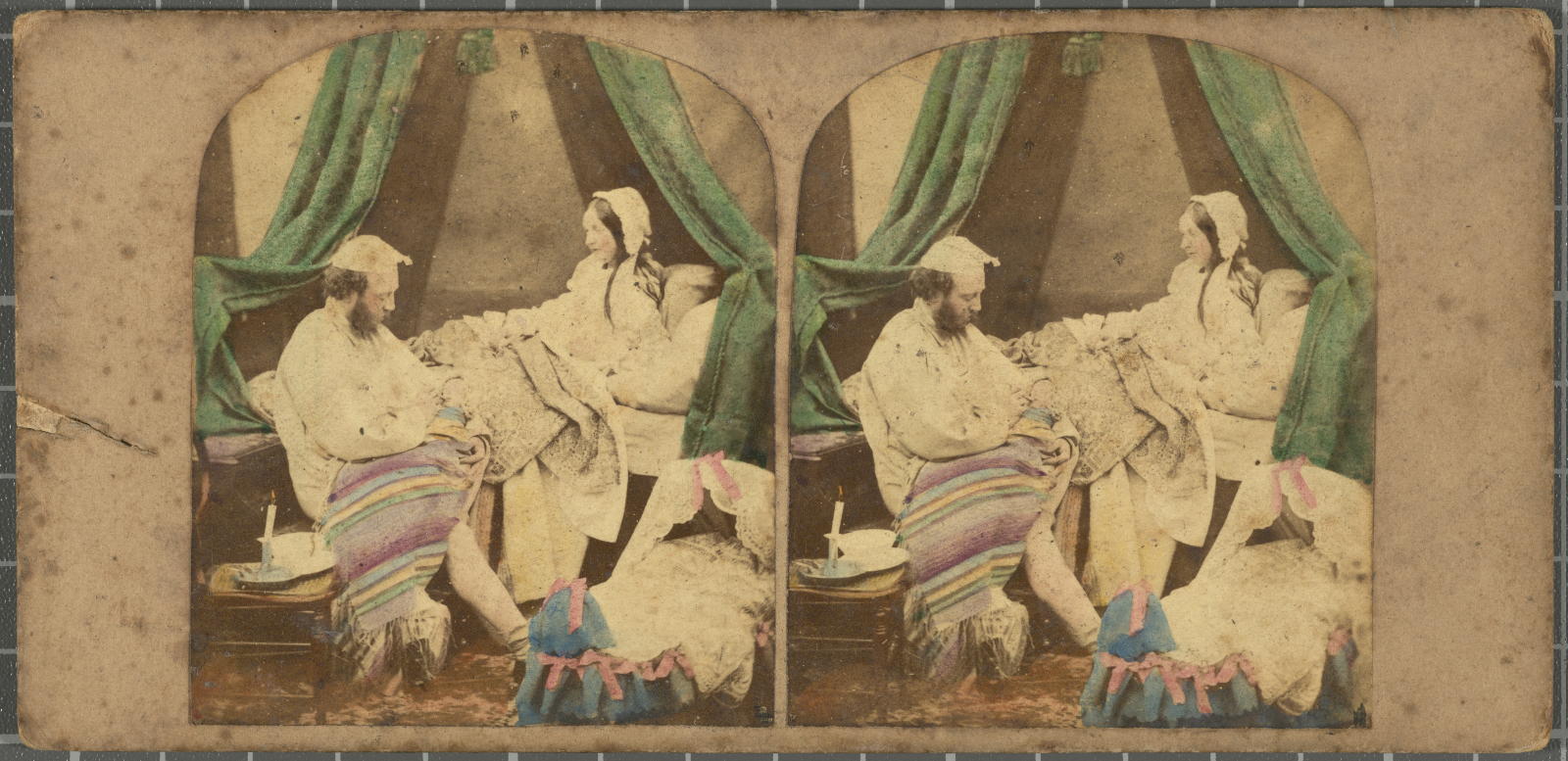 Desconegut, [Woman in bed and man grabbing a baby in sitting arms]