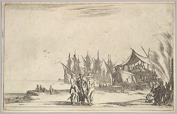 Stefano della Bella, Three men wearing hats standing in center, men fixing a ship to right, five ships and various figures in center background, from "Set of eight nautical landscapes" (Suite de huit Marines)