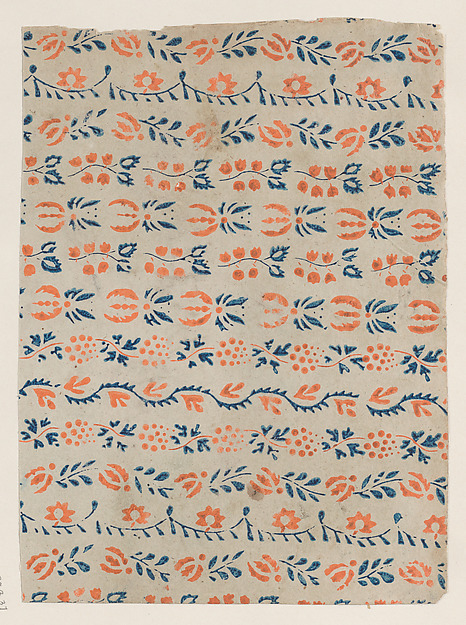 Anonymous, Sheet with blue and orange floral pattern